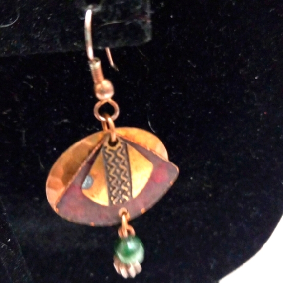 Copper Tone Double Circles W/ Blue Bead Dangle Earrings - Picture 2 of 5